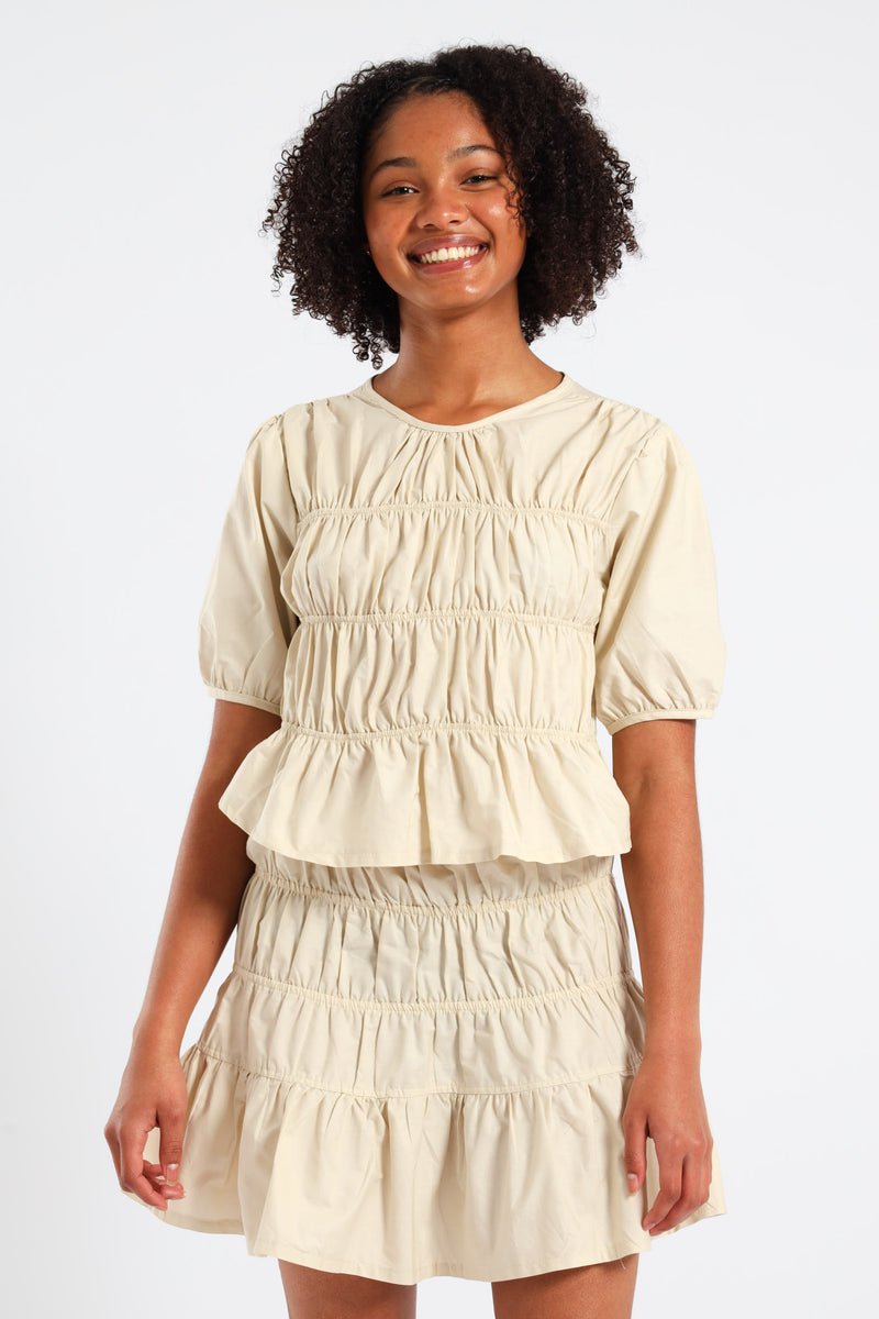 Girls Shirring Skirt - Stone