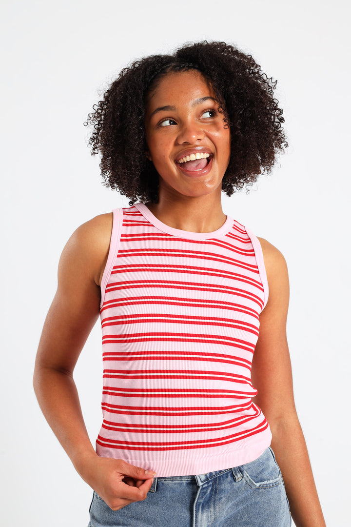 Girls Stripe Crew Seamless Vest - Pink