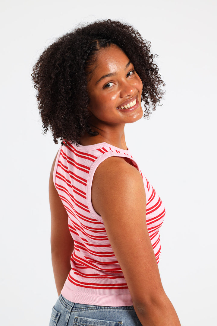Girls Stripe Crew Seamless Vest - Pink