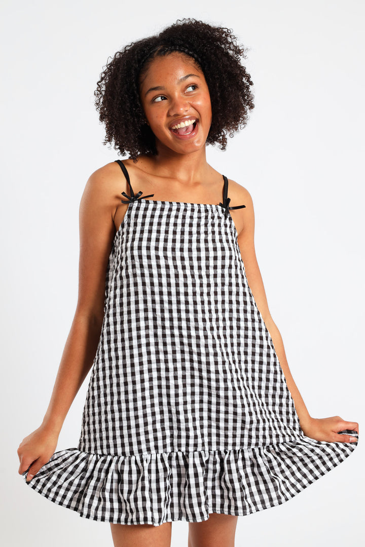 Girls Dropped Frill Hem Seersucker Dress - Multi