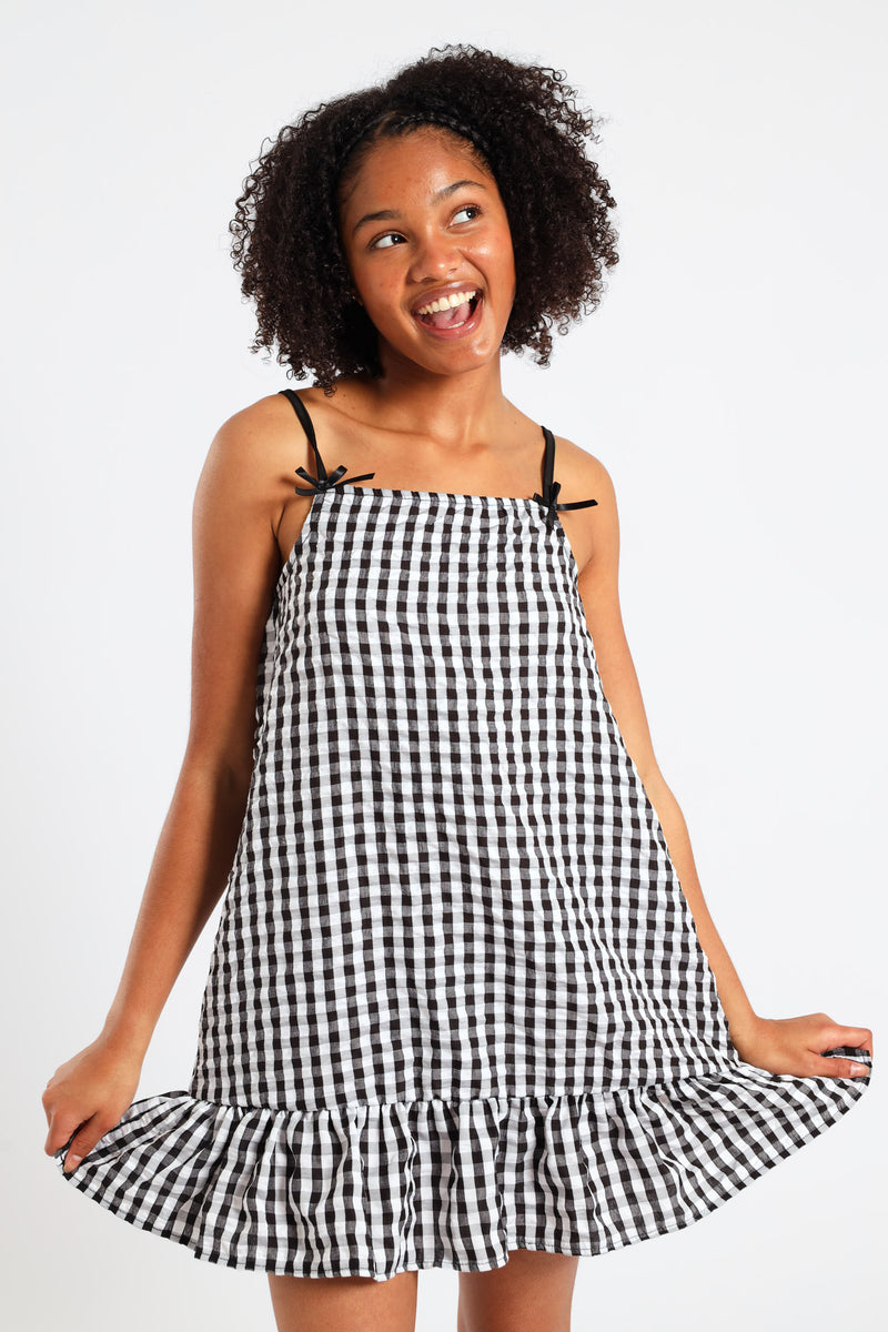 Girls Dropped Frill Hem Seersucker Dress - Multi