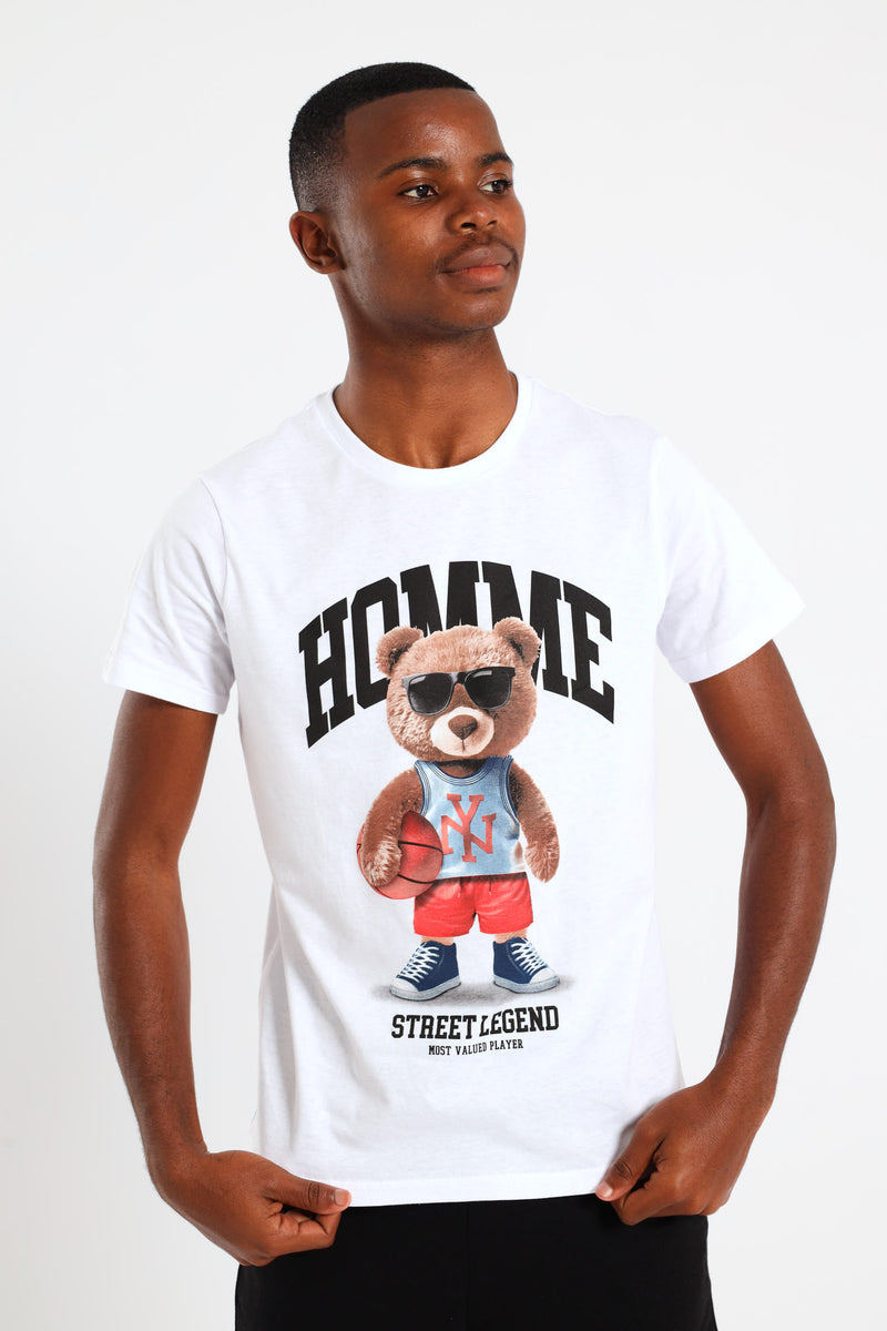 Boys Basketball Teddy Printed Tee - White