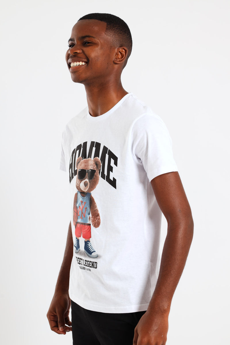 Boys Basketball Teddy Printed Tee - White