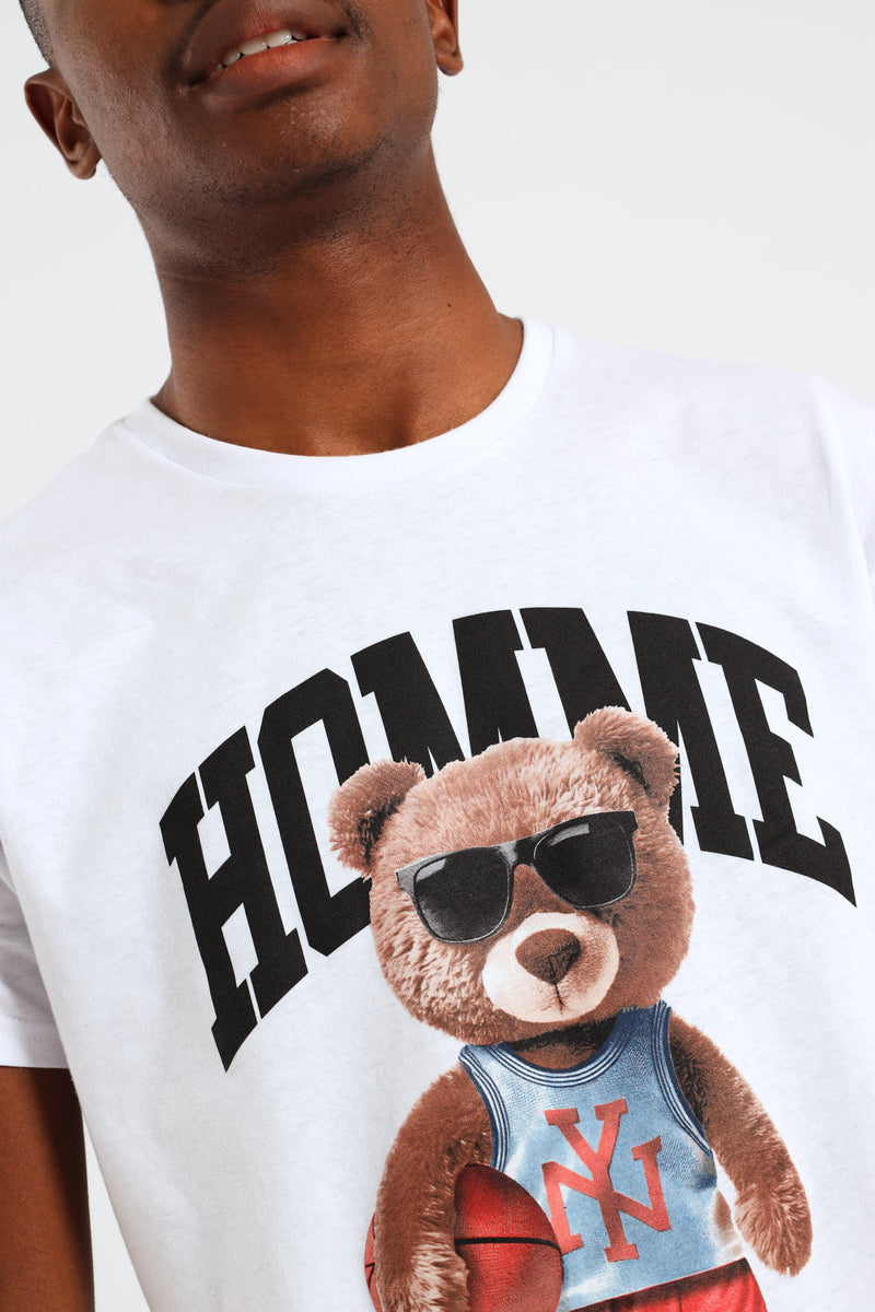 Boys Basketball Teddy Printed Tee - White