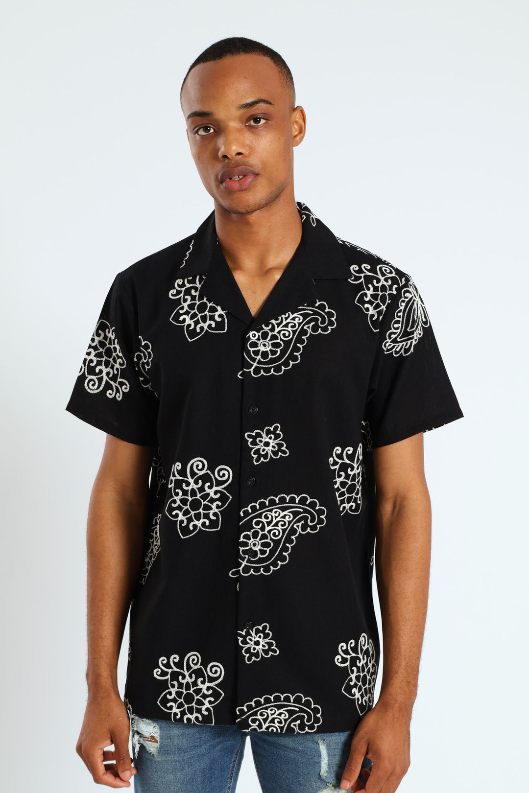 Bandana Paisley Embroidery Shirt - Black