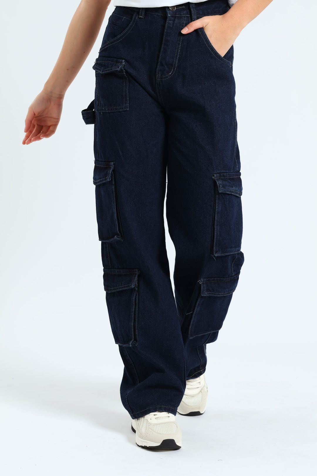 Straight Leg High Rise Cargo Jean - Mid Blue