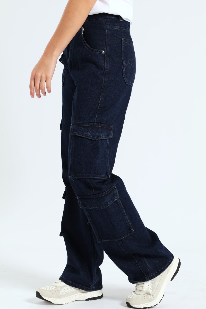 Straight Leg High Rise Cargo Jean - Mid Blue