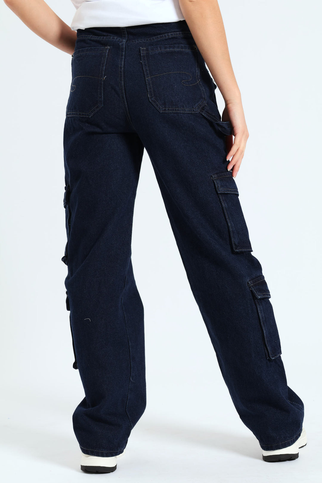 Straight Leg High Rise Cargo Jean - Mid Blue