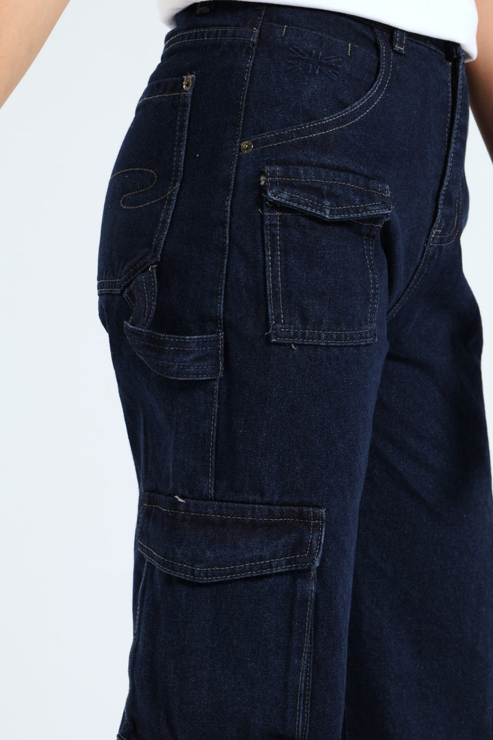 Straight Leg High Rise Cargo Jean - Mid Blue