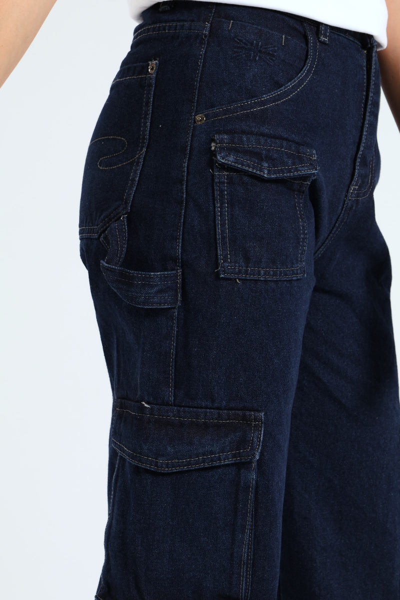Straight Leg High Rise Cargo Jean - Mid Blue
