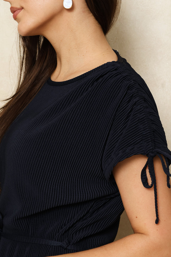 Ruched Shoulder Plisse Midi Dress - Dark Navy