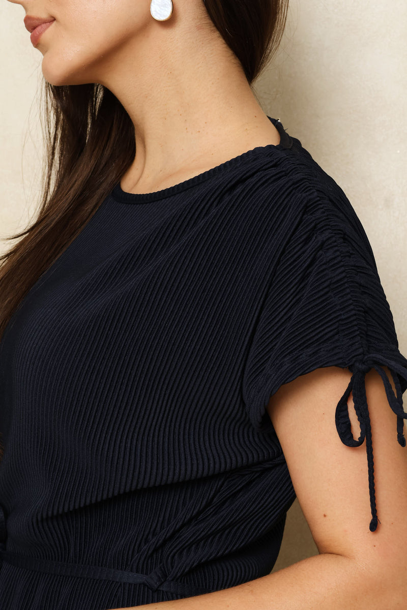 Ruched Shoulder Plisse Midi Dress - Dark Navy