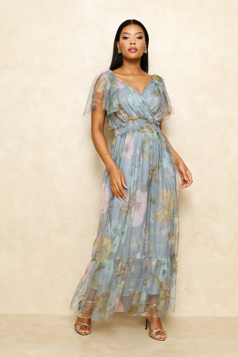 Shirred Floral Tiered Mesh Maxi Dress - Seafoam