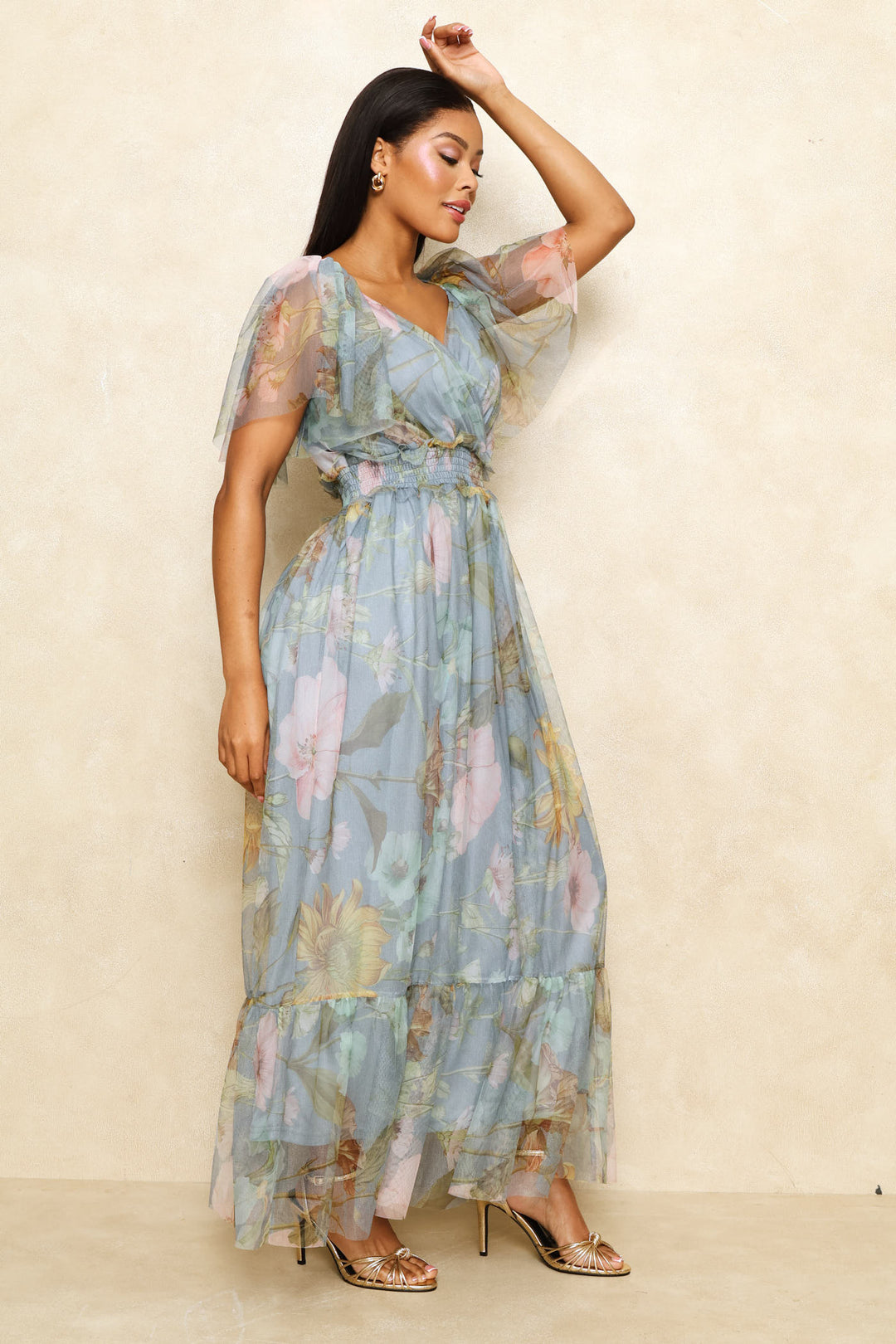 Shirred Floral Tiered Mesh Maxi Dress - Seafoam
