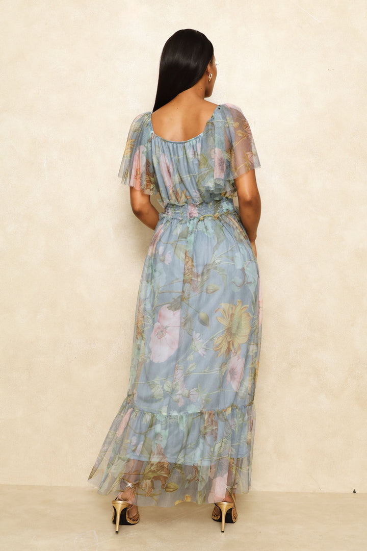 Shirred Floral Tiered Mesh Maxi Dress - Seafoam
