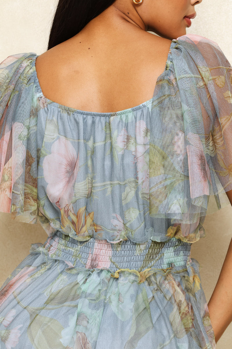 Shirred Floral Tiered Mesh Maxi Dress - Seafoam