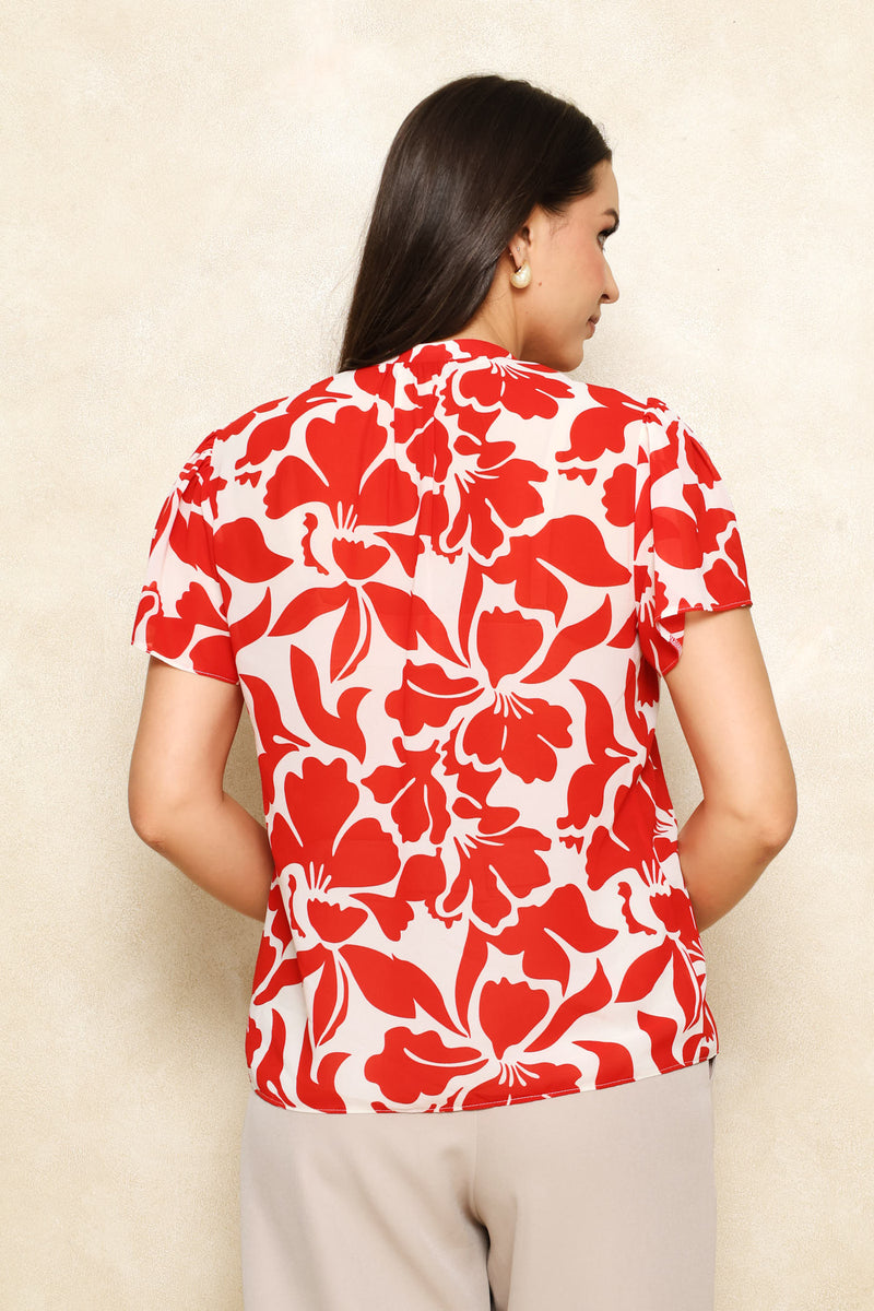 V-Neck Flutter Sleeve Blouse - Cream/Red