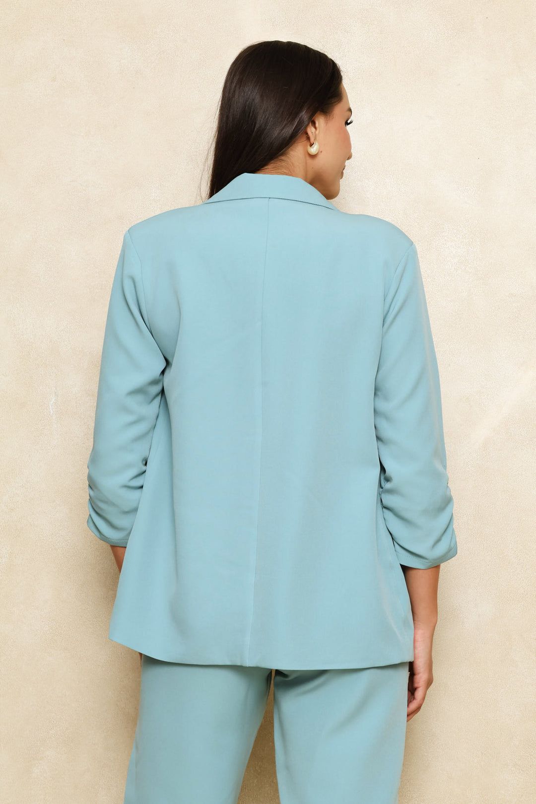 Notch Collar Gauged Sleeve Blazer - Seafoam