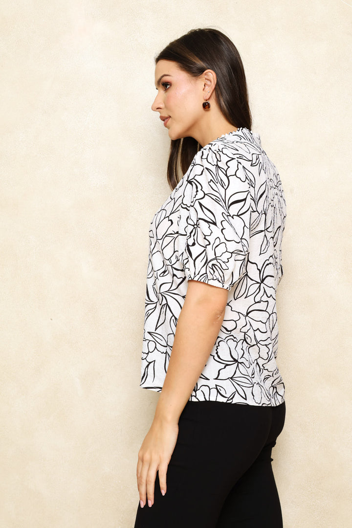 Tie Up Keyhole Blouse - Cream/Black