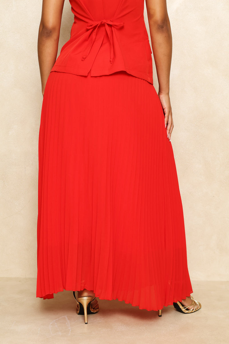 Belted Pleated Maxi Skirt - Red
