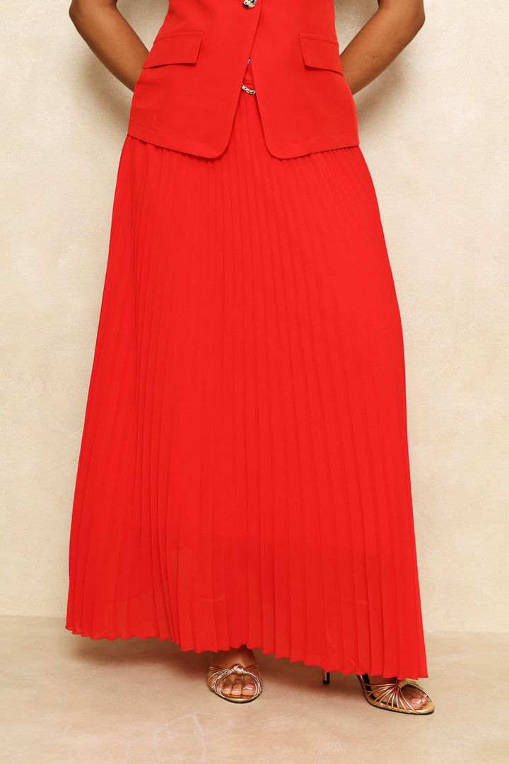 Belted Pleated Maxi Skirt - Red