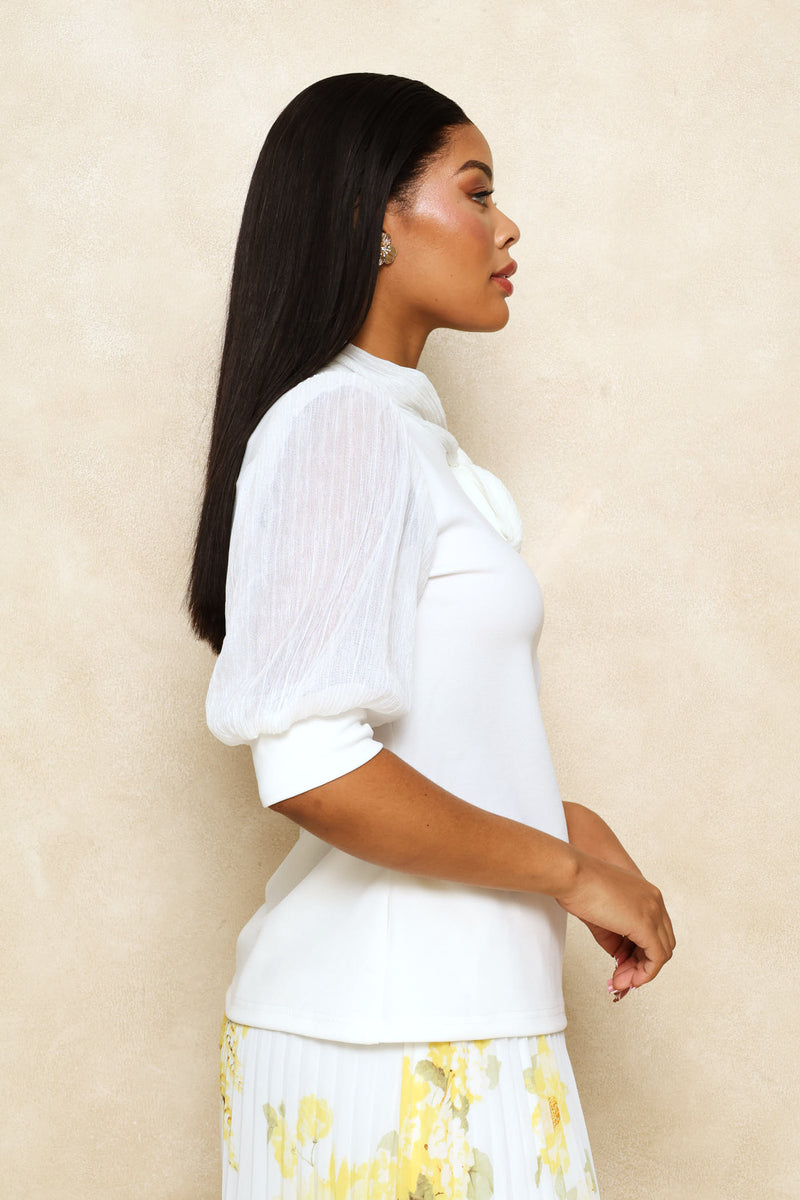 Puff Sleeve Knitwear Combo Blouse - Cream