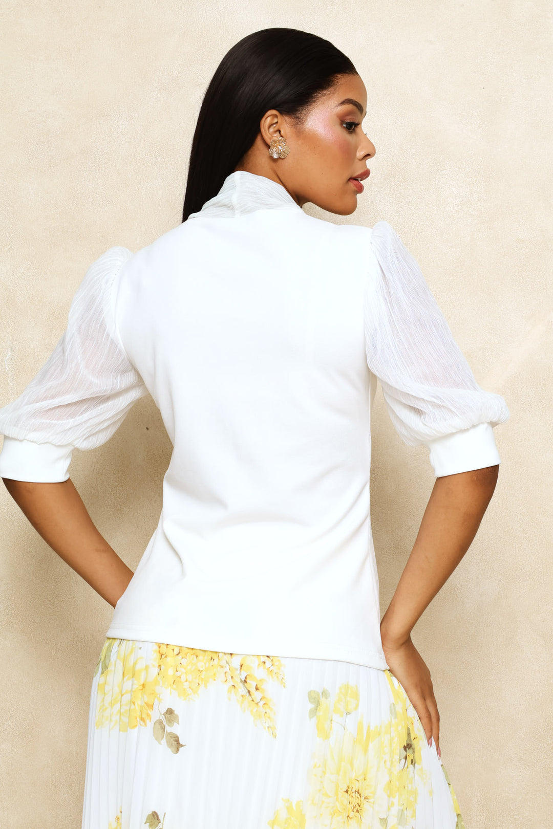 Puff Sleeve Knitwear Combo Blouse - Cream