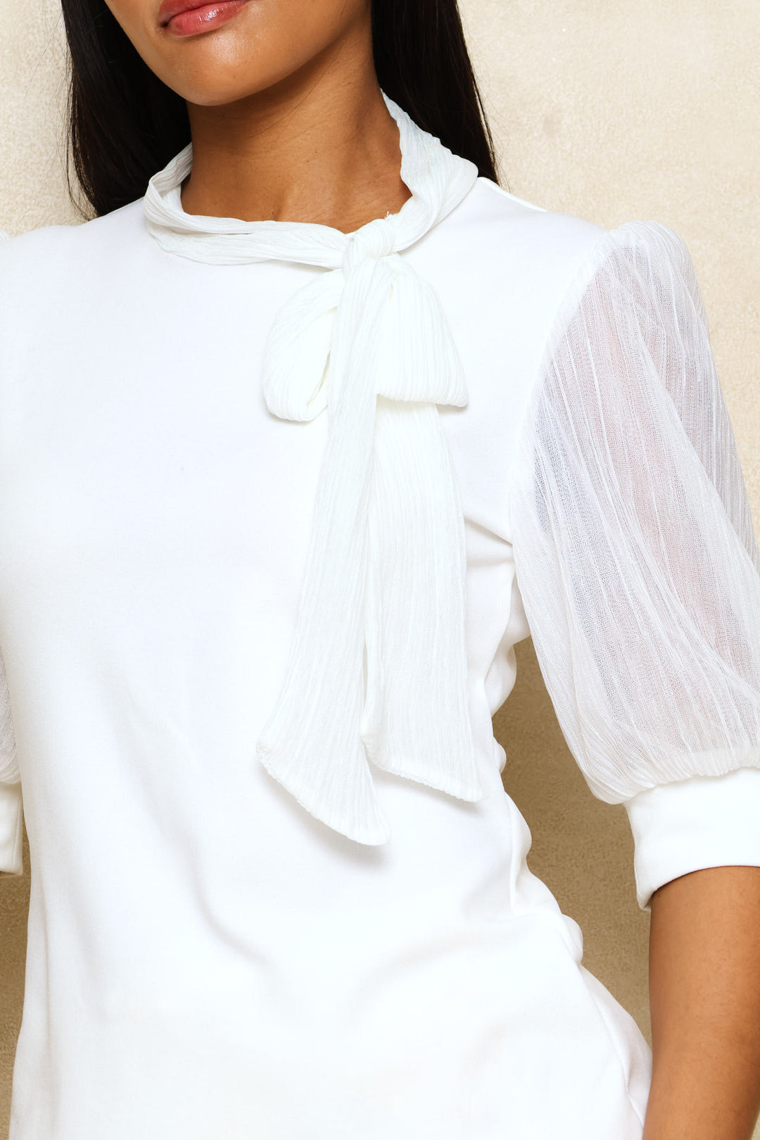 Puff Sleeve Knitwear Combo Blouse - Cream