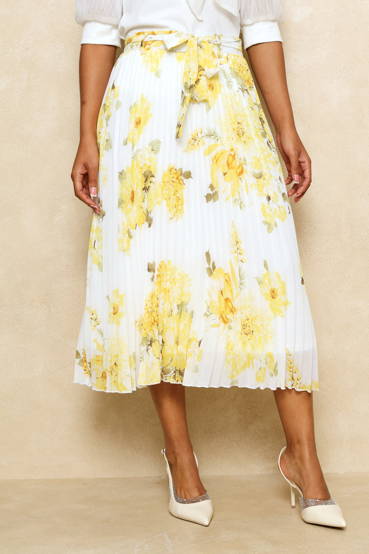 Floral Pleated Midi Skirt - Butter Yellow