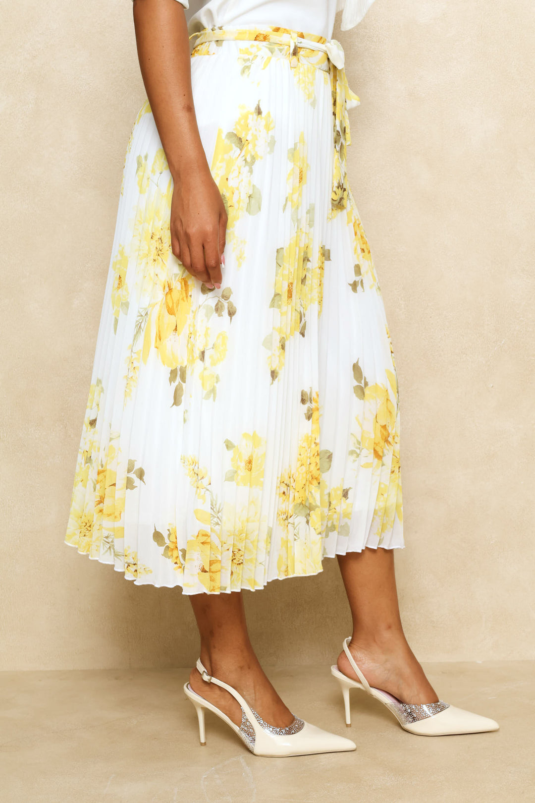 Floral Pleated Midi Skirt - Butter Yellow