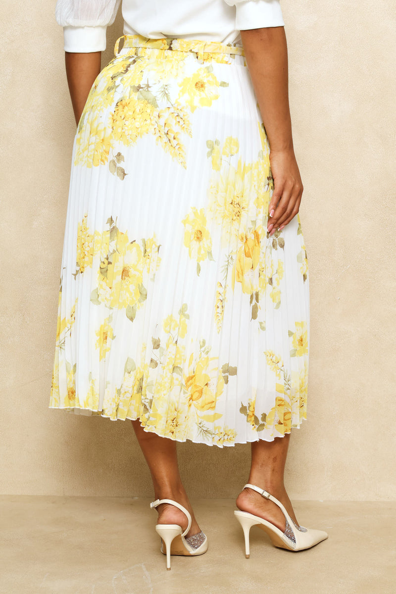Floral Pleated Midi Skirt - Butter Yellow