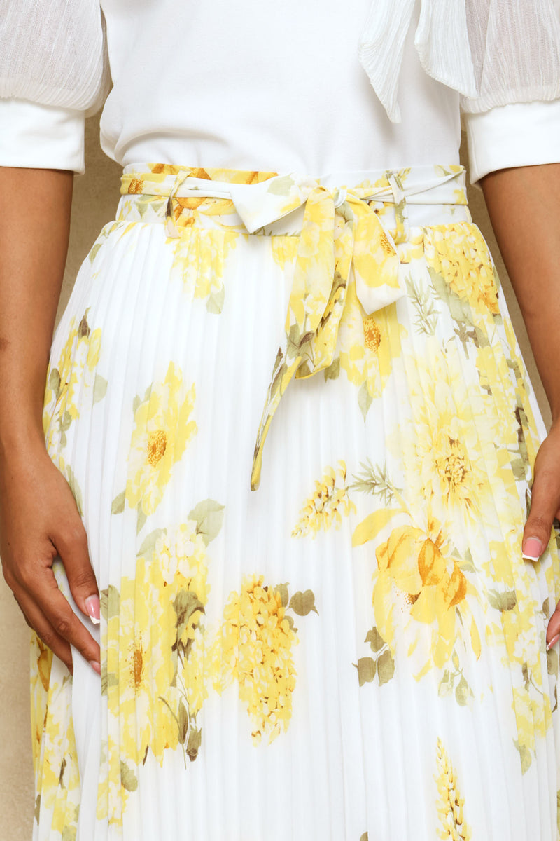 Floral Pleated Midi Skirt - Butter Yellow