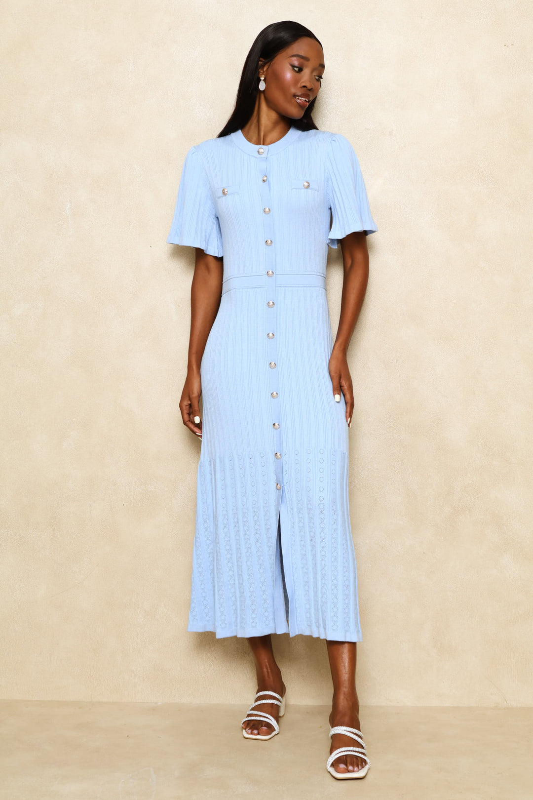 Flutter Sleeve Preppy Knitwear Maxi Dress - Pastel Blue