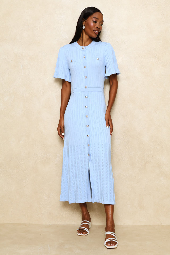 Flutter Sleeve Preppy Knitwear Maxi Dress - Pastel Blue