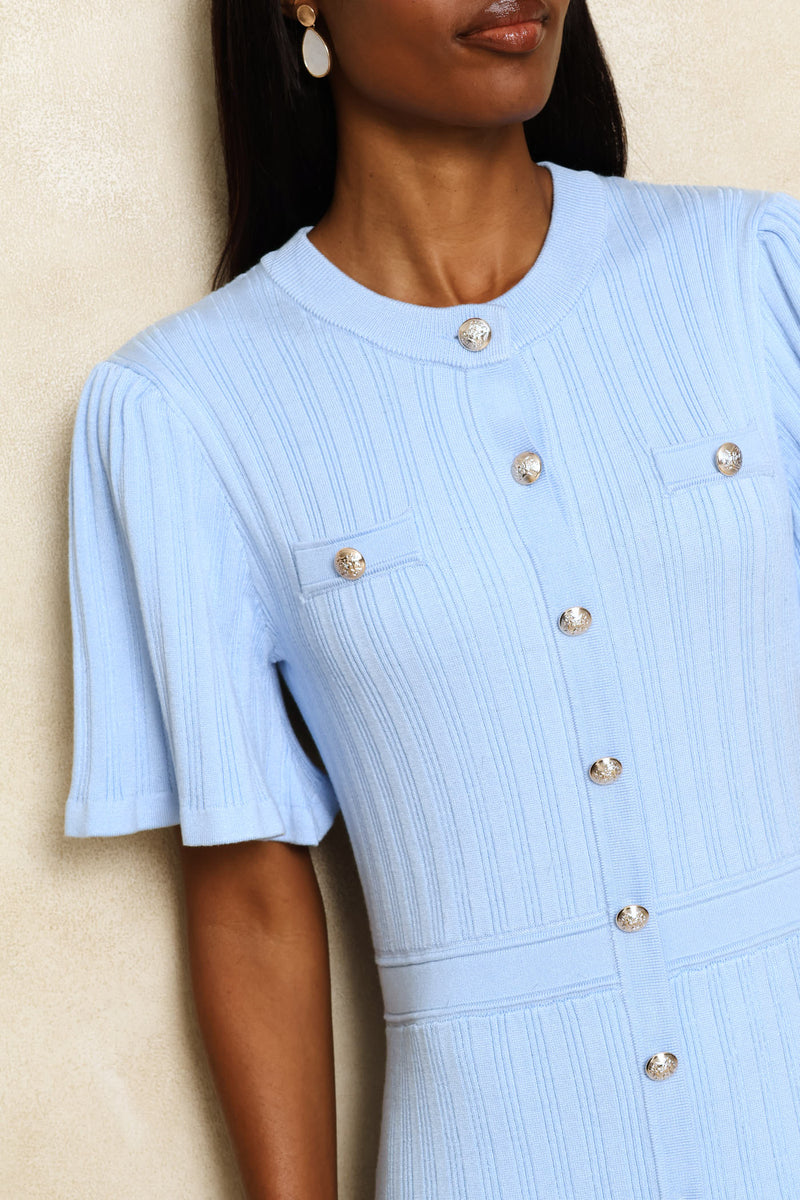 Flutter Sleeve Preppy Knitwear Maxi Dress - Pastel Blue