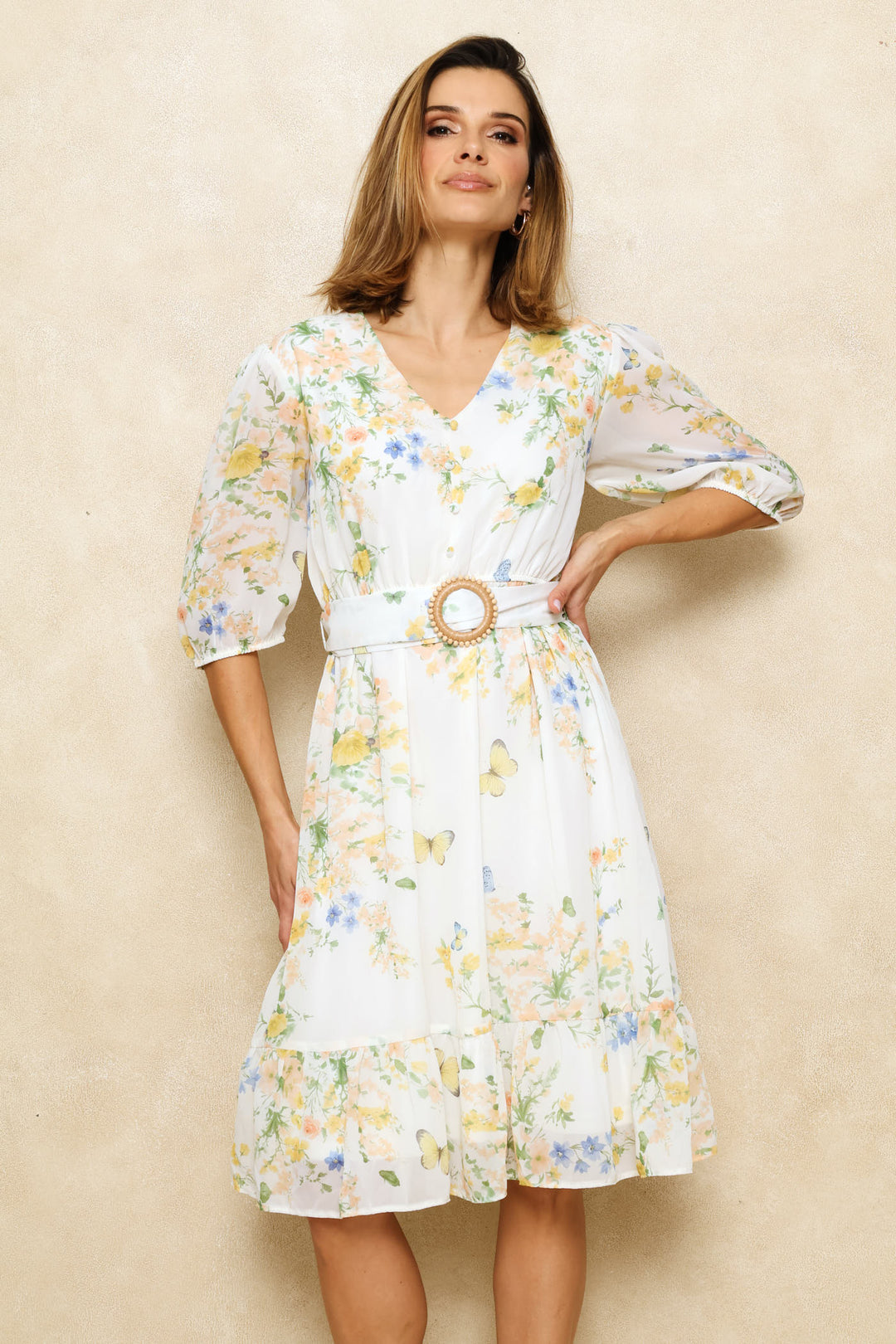 Belted Puff Sleeve Tea Dress - Floral