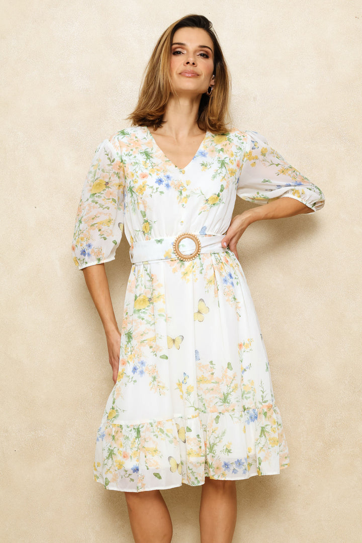 Belted Puff Sleeve Tea Dress - Floral