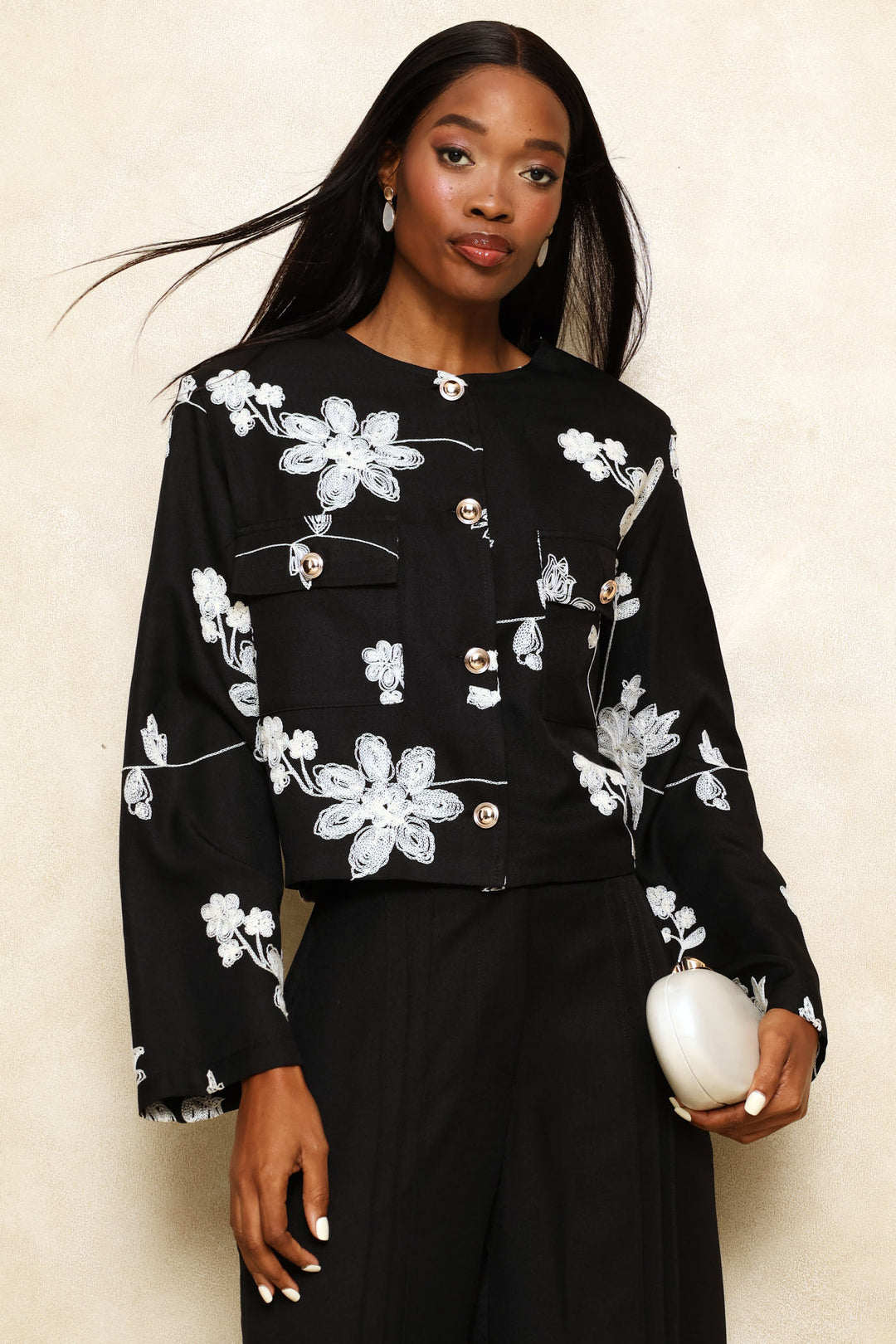 Embroidered Patch Pocket Blazer - Black