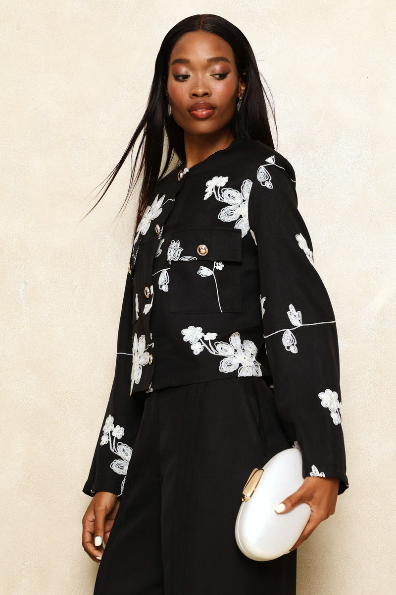 Embroidered Patch Pocket Blazer - Black