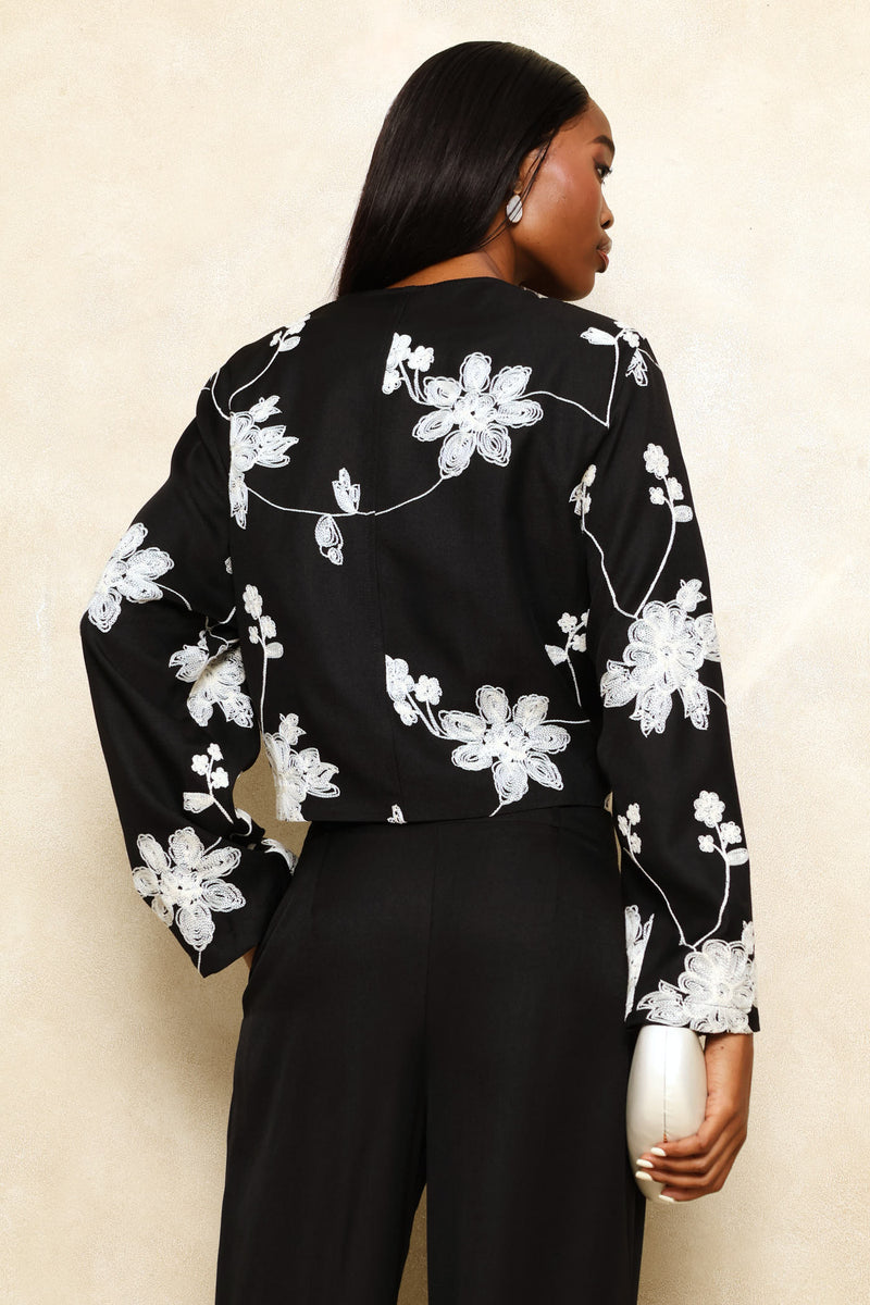 Embroidered Patch Pocket Blazer - Black