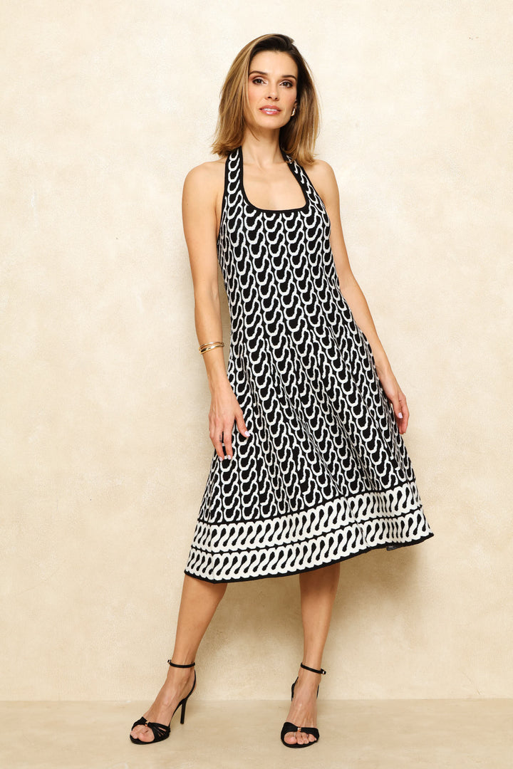 Geo Halter Knitwear Mini Dress - Black/Cream