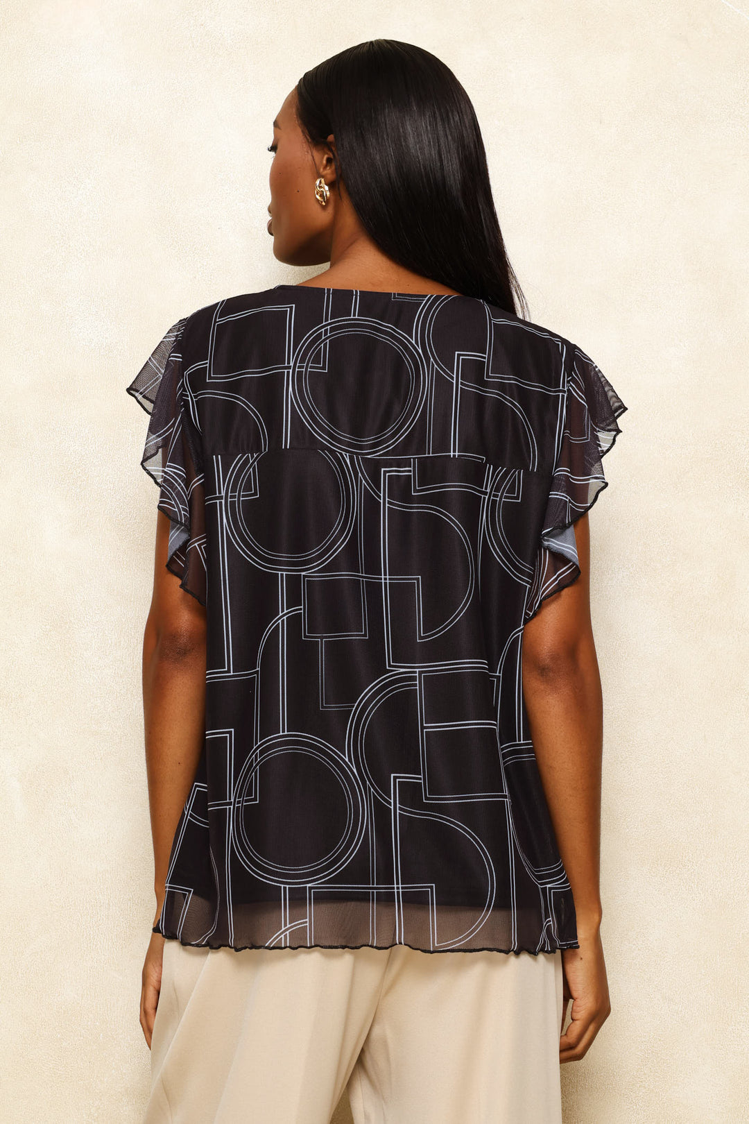 Geo Flutter Sleeve Mesh Blouse - Black/White