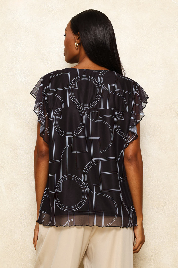 Geo Flutter Sleeve Mesh Blouse - Black/White