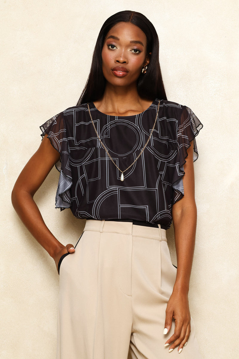 Geo Flutter Sleeve Mesh Blouse - Black/White