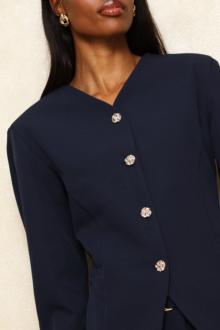 Cinched Balloon Sleeve Blazer - Dark Navy