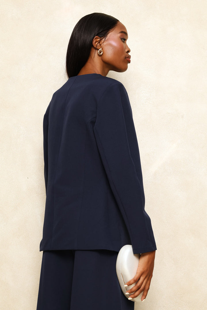 Cinched Balloon Sleeve Blazer - Dark Navy