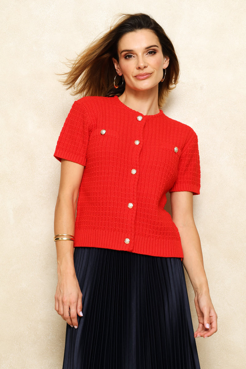 Preppy Textured Cardigan - Red