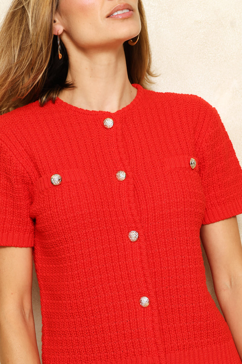 Preppy Textured Cardigan - Red