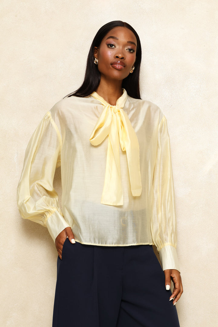 Kitty Bow Sheer Satin Blouse - Butter Yellow