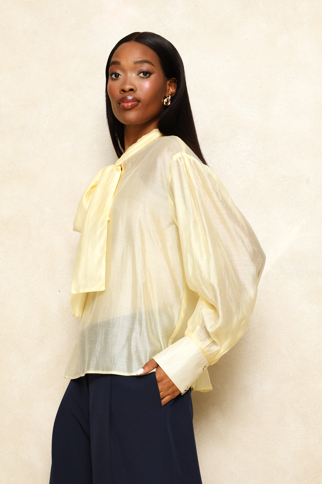 Kitty Bow Sheer Satin Blouse - Butter Yellow